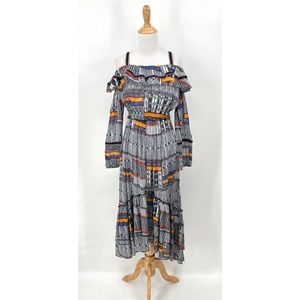 LEMLEM Dress Womens Medium Navy White Printed Cotton Off the Shoulder Maxi Beach